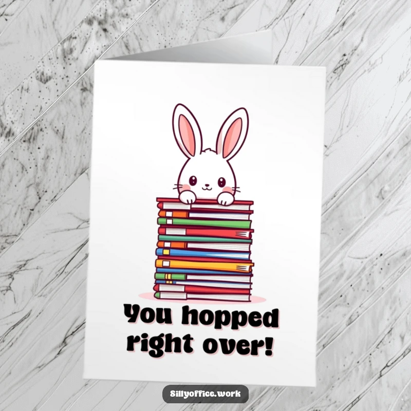 Funny Free Printable Congratulations Card: An adorable kawaii rabbit peeking over a dauntingly tall stack of colorful files, a humorous depiction of challenges.