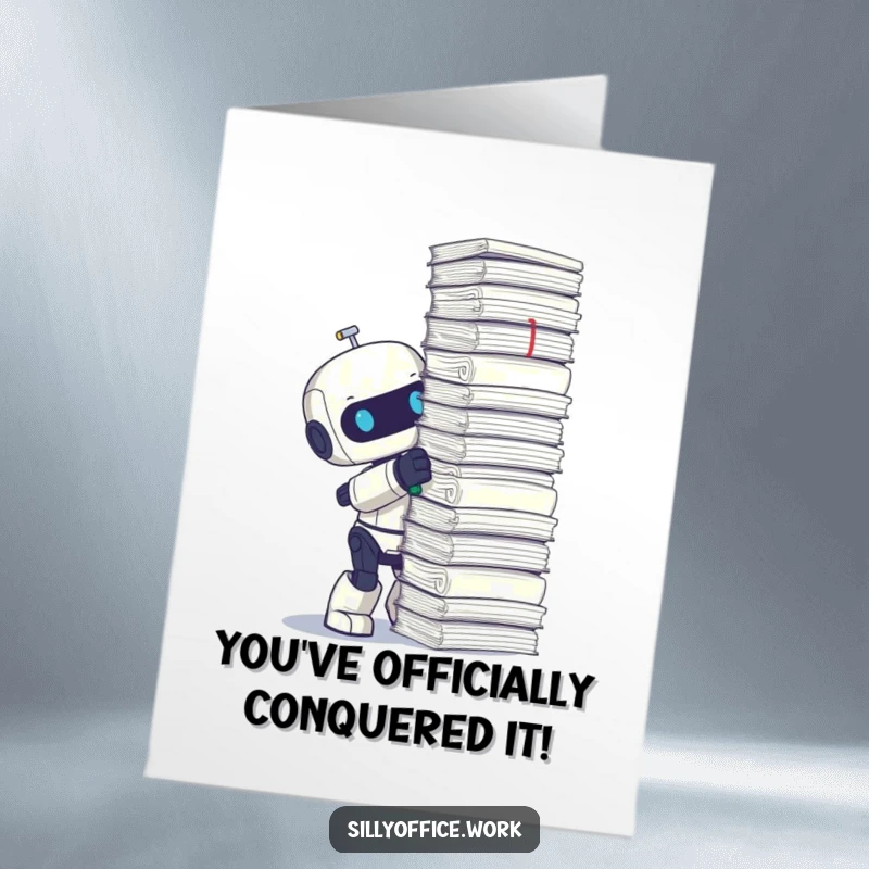 Funny Free Printable Congrats Card: A cute robot diligently staples an enormous pile of papers to mark success.