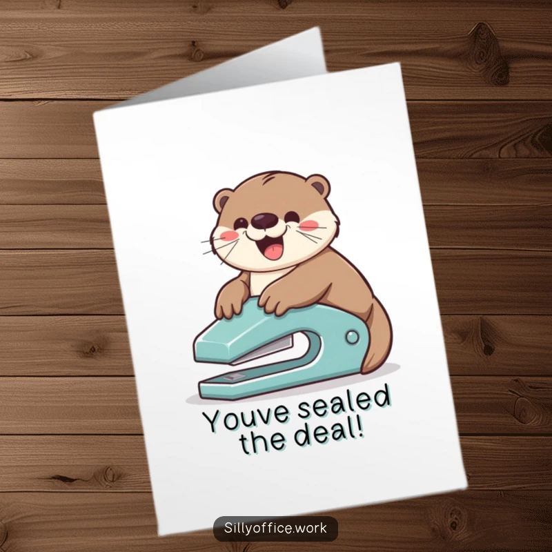Funny Free Printable otter sliding down a stapler with pure glee, congratulating them, a wild downloadable card.