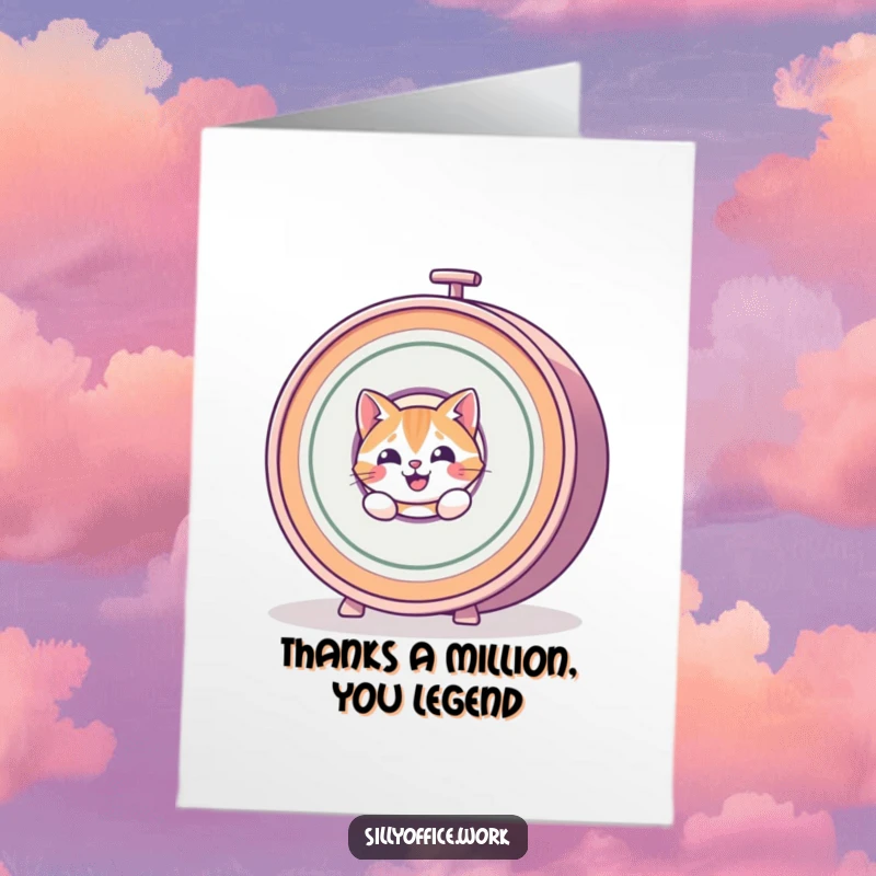 Funny Free Printable Thank You Card: A happy cat peeks from behind a giant, spinning rolodex, sending thanks with a grin.