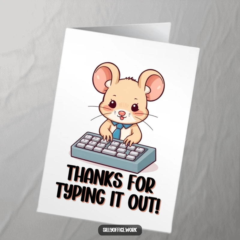 Funny Free Printable mouse wearing a neat tie, typing diligently on a mini keyboard, a charming thank you downloadable card.