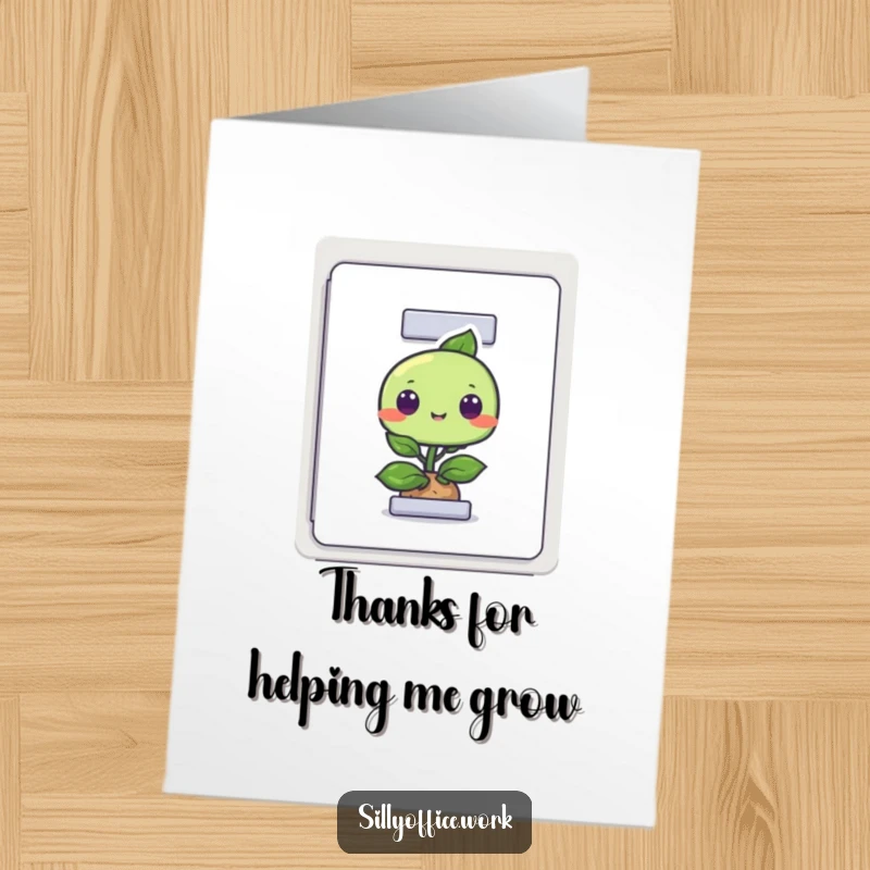 Funny Free Printable Thank You Card: A small, inquisitive plant character making a surprise appearance from a filing cabinet.