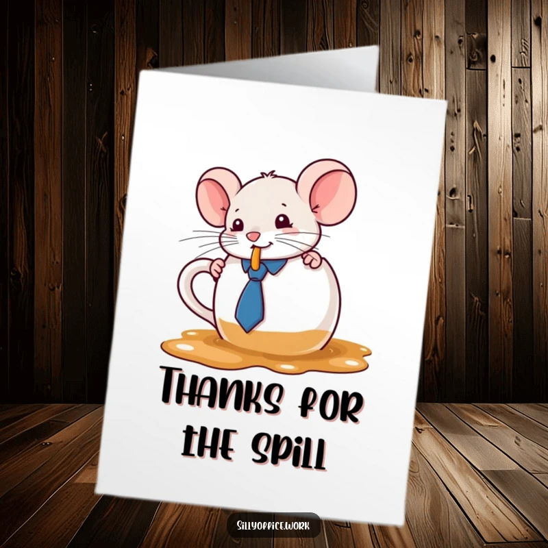Funny Free Printable Thank You Card: A cute mouse in a little tie spills a lot of coffee from a giant mug, a sweet disaster.