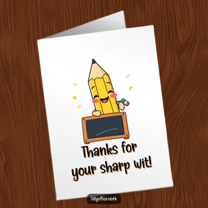Funny Free Printable Thank You Card: A cheerful pencil character furiously scribbles thanks on a tiny blackboard.