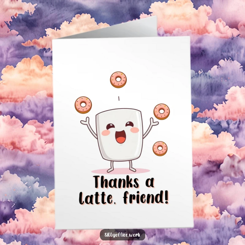 Funny Free Printable Thank You Card: A joyful coffee mug character expertly juggling donuts, thanking you kindly.