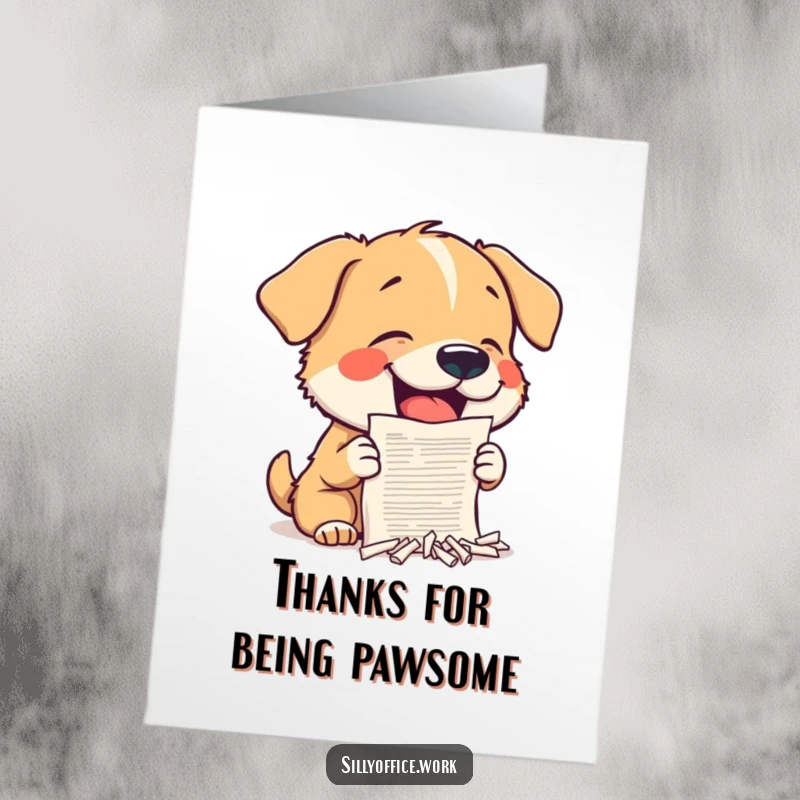 Funny Free Printable Thank You Card: A little dog enthusiastically shreds a miniature document, sending thanks in a chaotic, funny way.