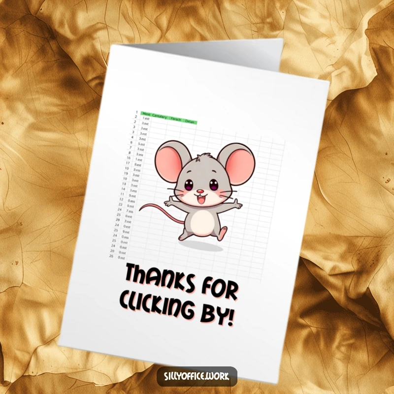 Funny Free Printable Thank You Card: A smiling computer mouse character zips across a large spreadsheet, conveying thanks.