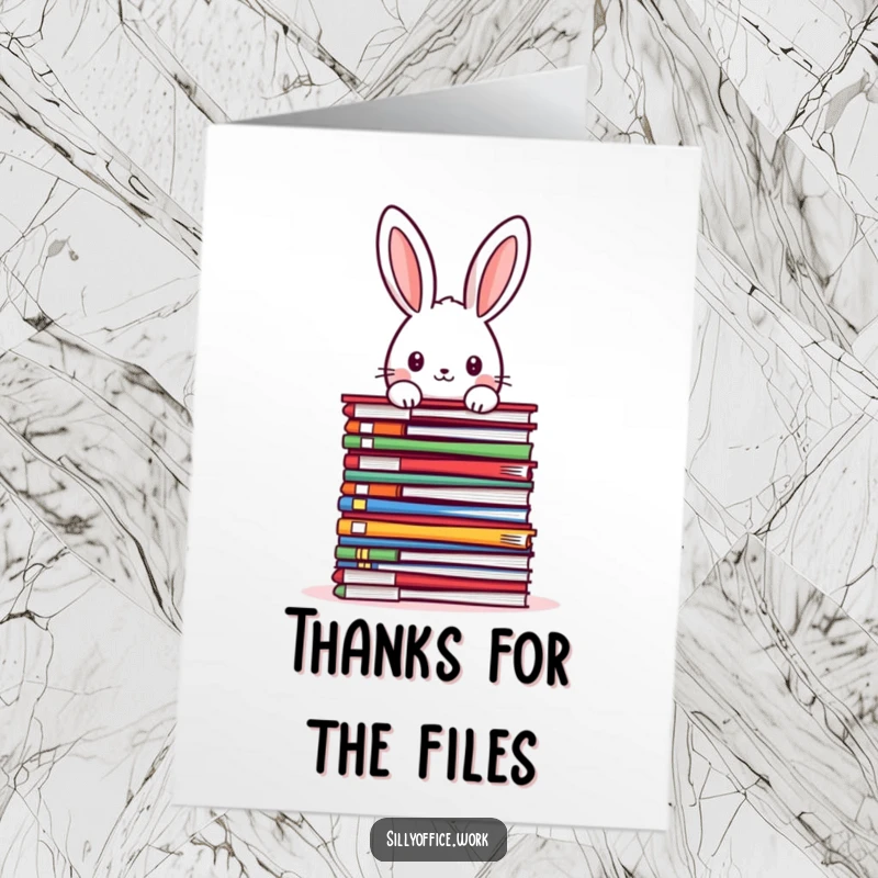 Funny Free Printable Thank You Card: A cute rabbit peeking over a massive pile of colorful files, a humorous take on being overwhelmed.