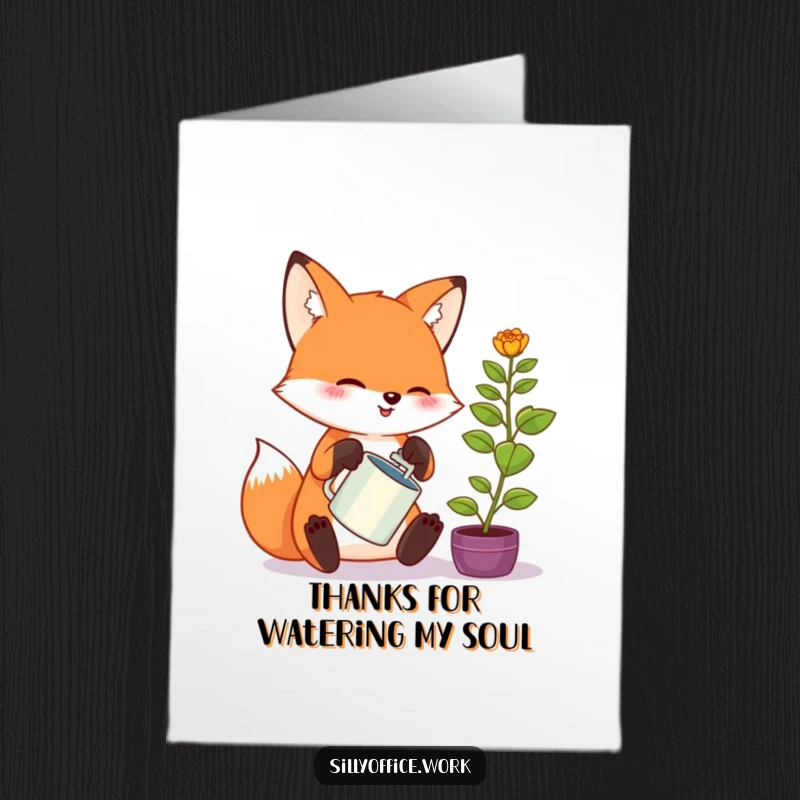 Funny Free Printable Thank You Card: Kawaii Fox plants a tiny office sprout with enthusiastic watering, perfect for expressing thanks.