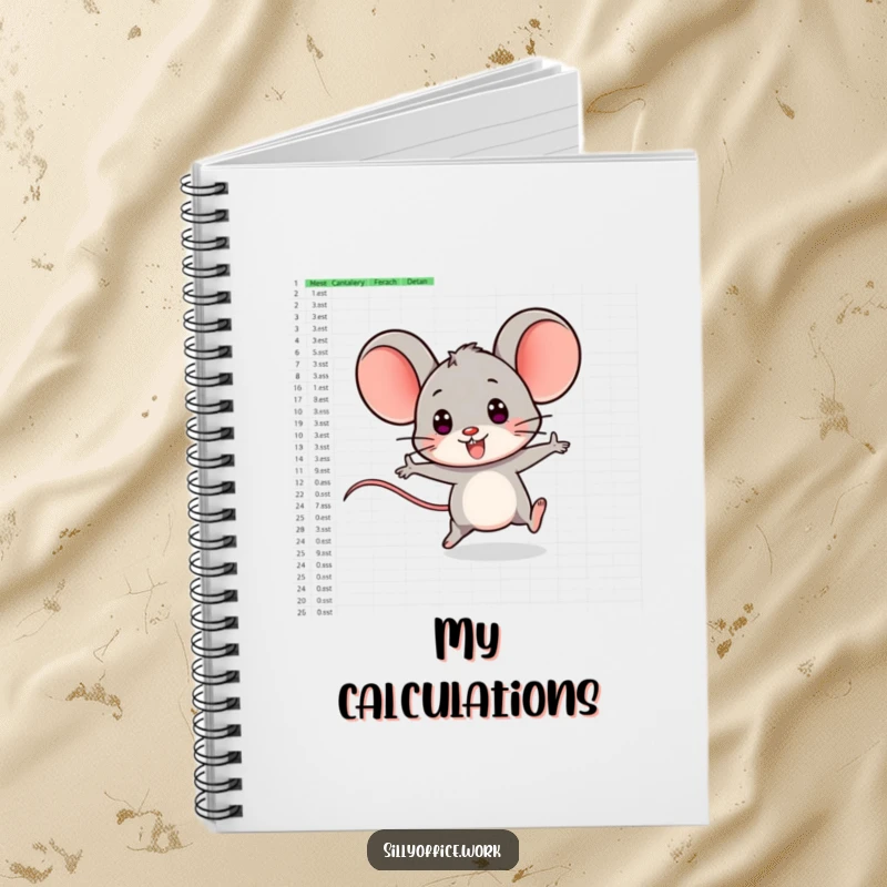 Funny notebook cover with a smiling computer mouse character playfully zipping across a large spreadsheet.