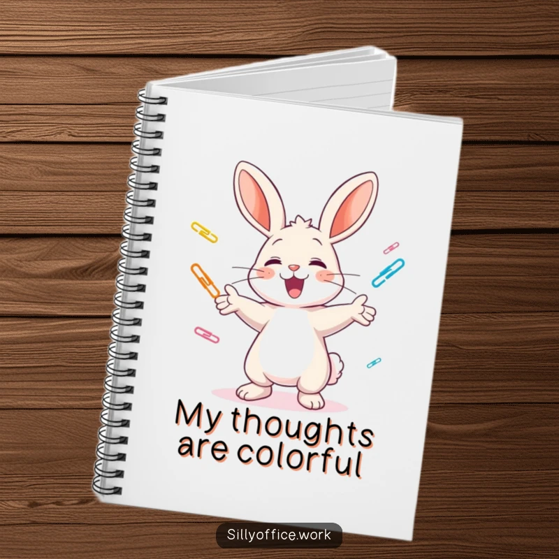 Funny notebook: A cheerful bunny excitedly juggles colorful paper clips, perfect for jotting down creative ideas.
