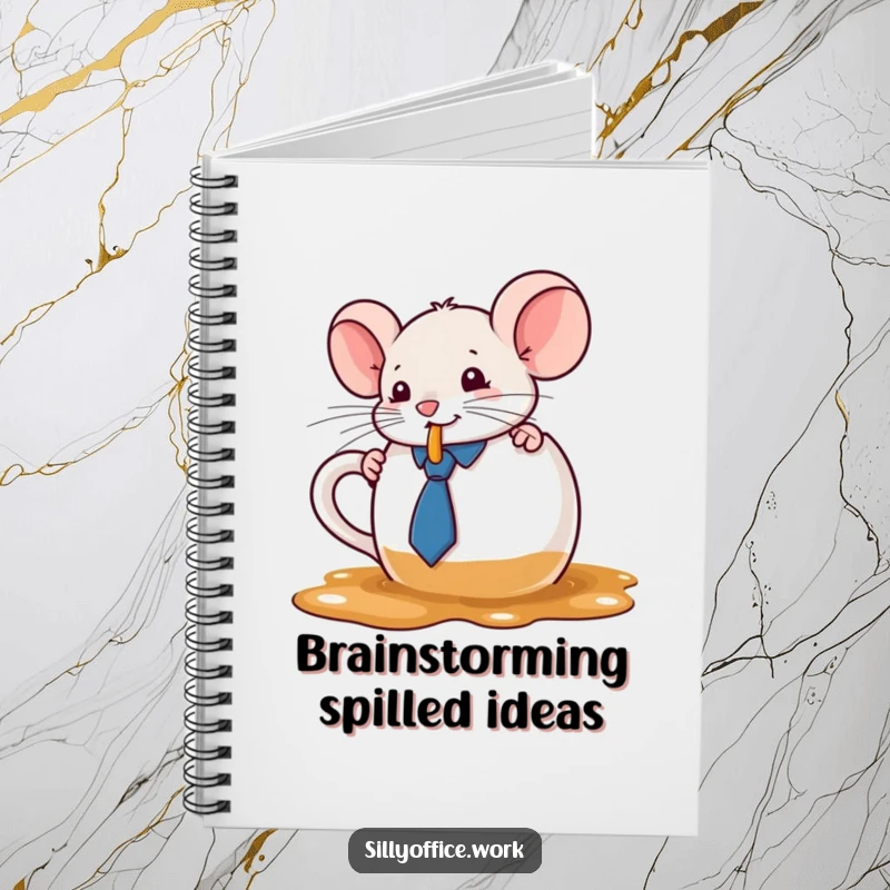 Funny kawaii mouse wearing a tie, spilling coffee from an oversized mug, on the cover of a notebook, for cute note-taking.