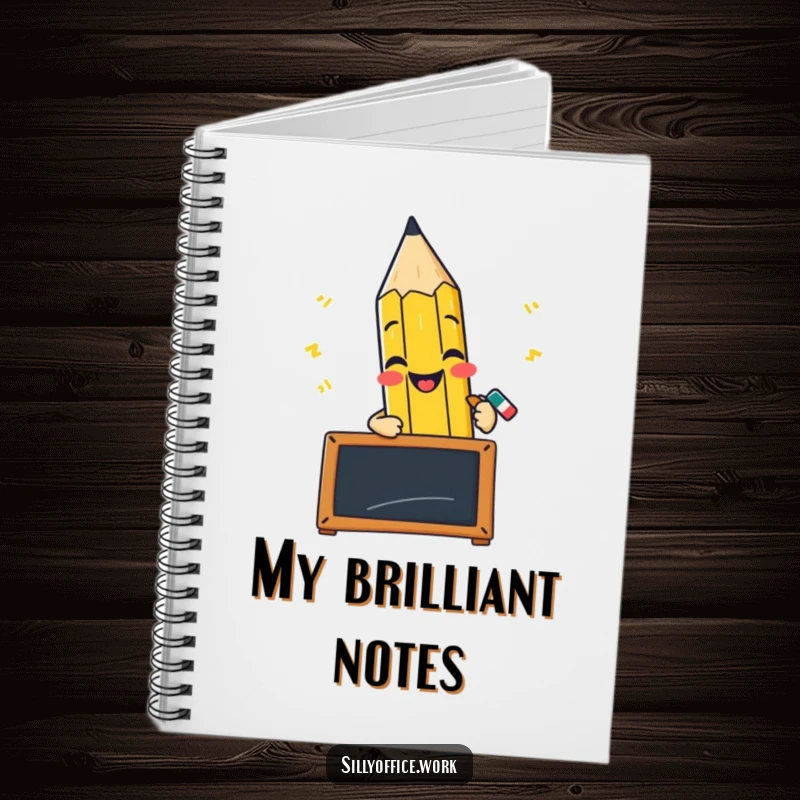 Funny notebook cover with a cheerful pencil character scribbling furiously on a tiny blackboard.