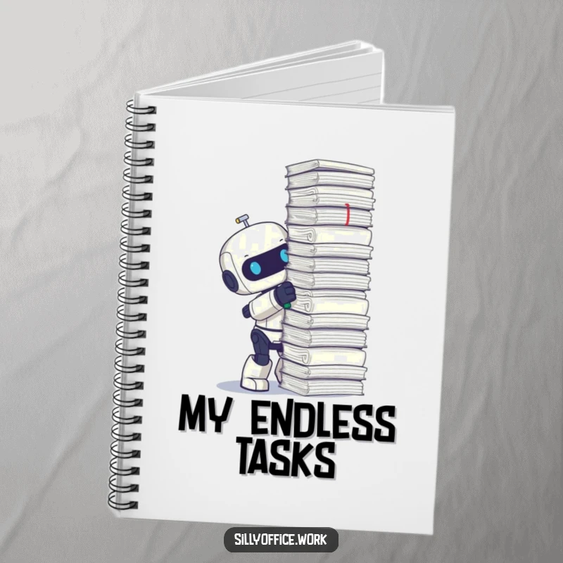Funny notebook cover with a cute robot enthusiastically stapling a very tall stack of papers, perfect for notes.