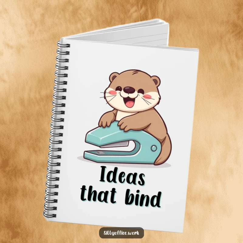 Funny notebook: A playful otter gleefully slides down a stapler, perfect for jotting down creative ideas.