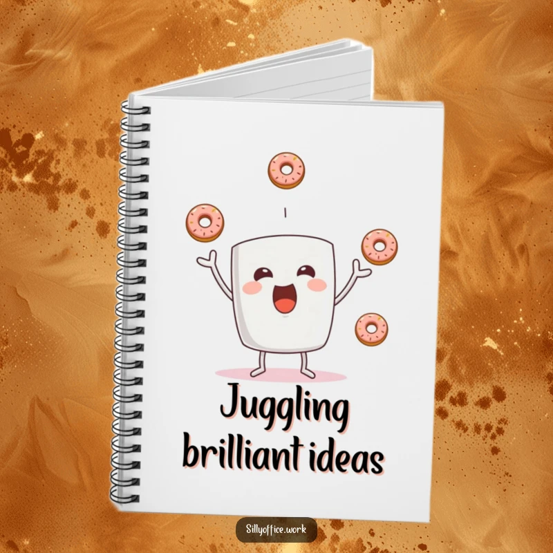 Funny notebook cover featuring a happy coffee mug character juggling three donuts, perfect for capturing thoughts with a smile.