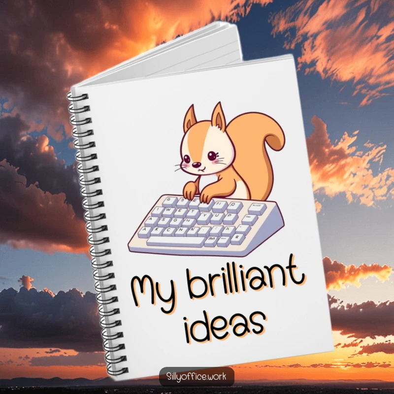 Funny kawaii squirrel typing on a giant keyboard, on the cover of a notebook, for jotting down tech ideas.
