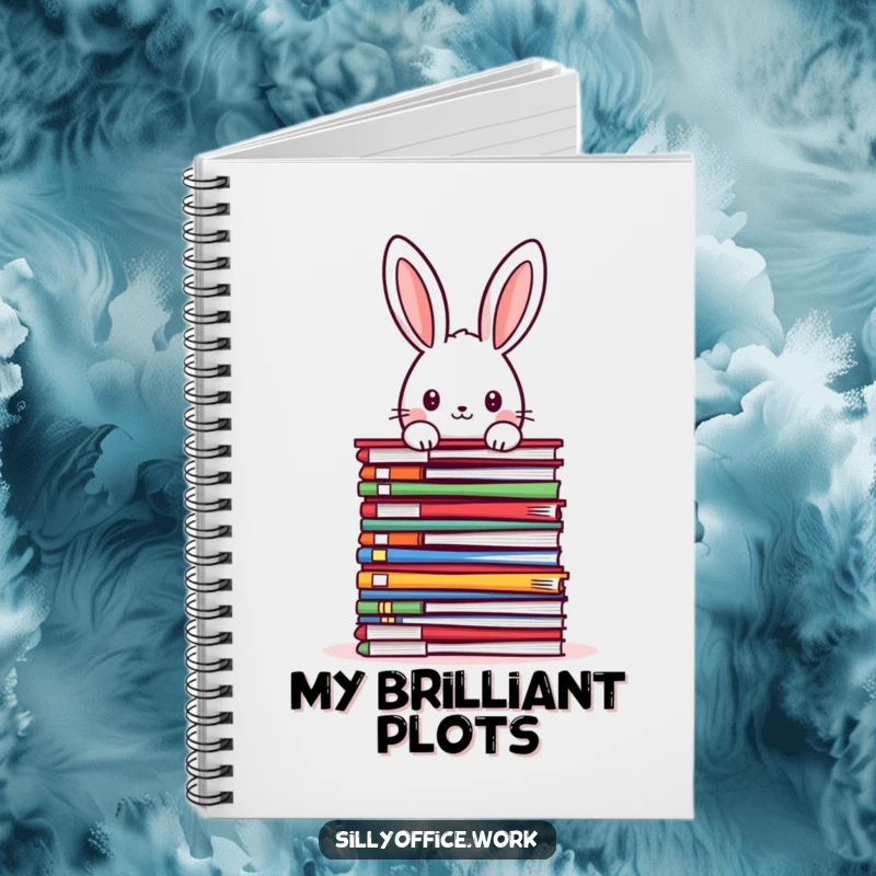 Funny kawaii rabbit peeking over a towering stack of colorful files, on the cover of a notebook, for jotting down office notes.