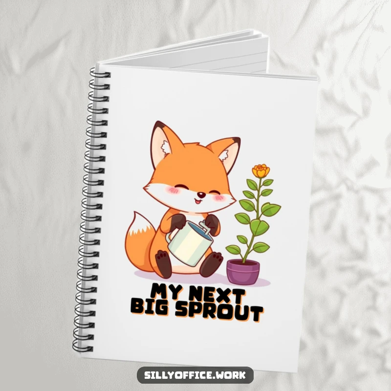 Funny kawaii fox notebook, enthusiastically watering a tiny office plant, perfect for notes, journaling, and creative inspiration.