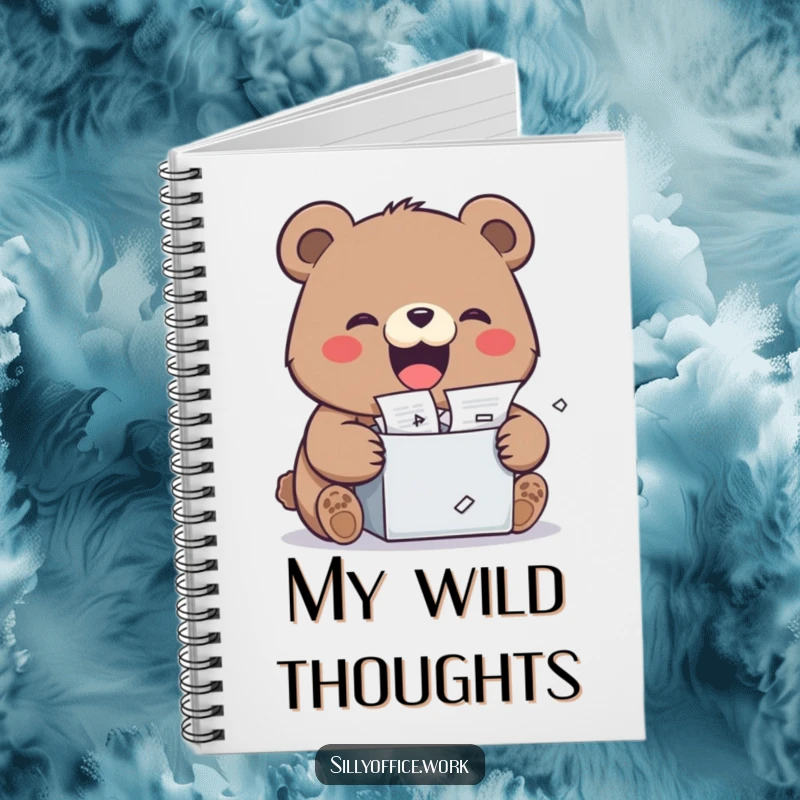 Funny kawaii bear shredding documents with a wide grin, on the cover of a notebook, for jotting down stress relief ideas.