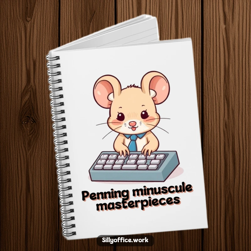 Funny notebook: A small mouse wearing a tiny tie enthusiastically types on a miniature keyboard, perfect for note-taking.