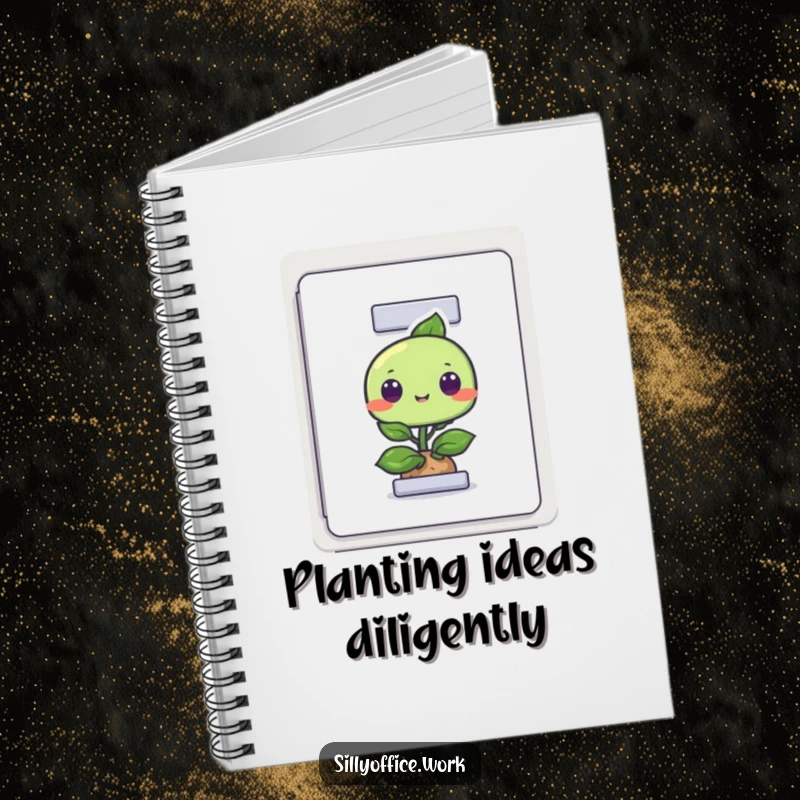Funny notebook cover featuring a curious plant peeking from a filing cabinet, ideal for jotting down thoughts with a smile.