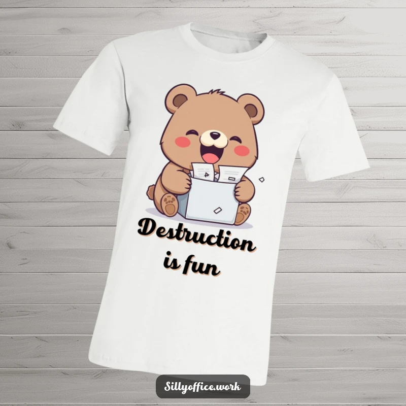 Funny kawaii bear enthusiastically shredding papers with a big grin, on a soft t-shirt, a humorous and cathartic design.