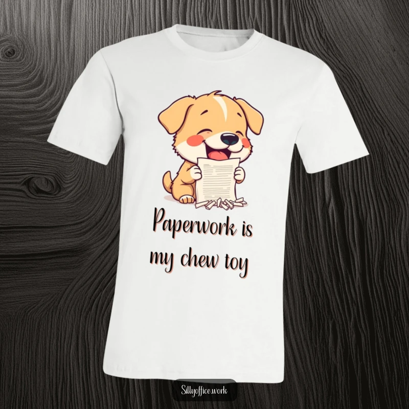 Funny Dog T-Shirt: A small dog gleefully shreds a tiny document, embodying playful destruction and office antics.