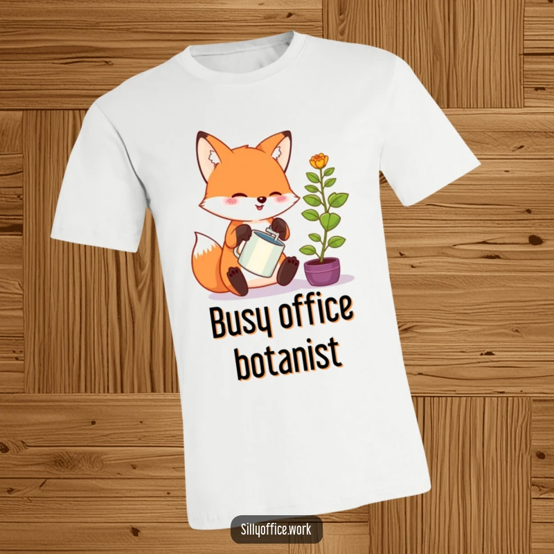 Funny kawaii fox enthusiastically watering a tiny office plant, a cute graphic tee for plant lovers and humor enthusiasts.