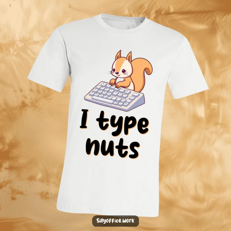 Funny kawaii squirrel typing on a huge keyboard, on a soft t-shirt, a humorous design for tech enthusiasts.