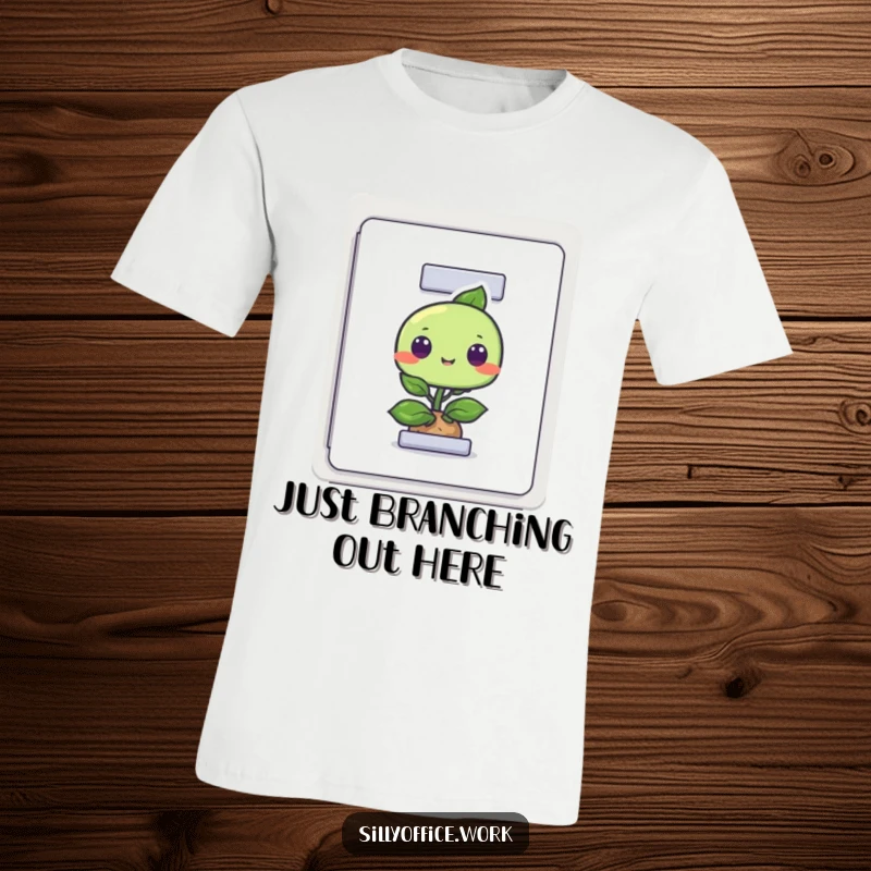 Funny graphic t-shirt depicting a small, curious plant character peeking out from a filing cabinet, symbolizing hidden growth.