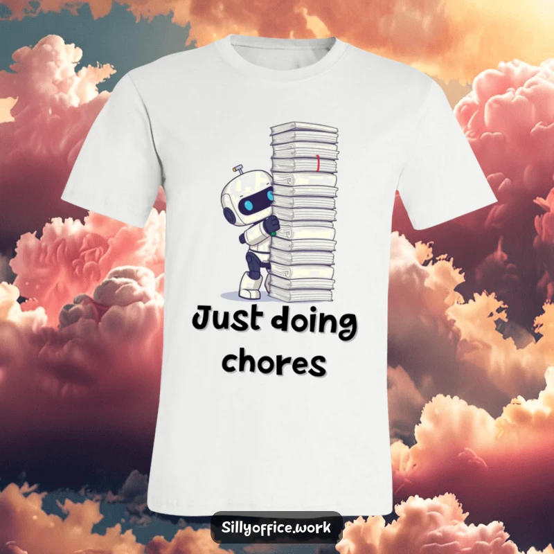 Funny t-shirt featuring a cute robot enthusiastically stapling a ridiculously tall stack of papers, showing determination.