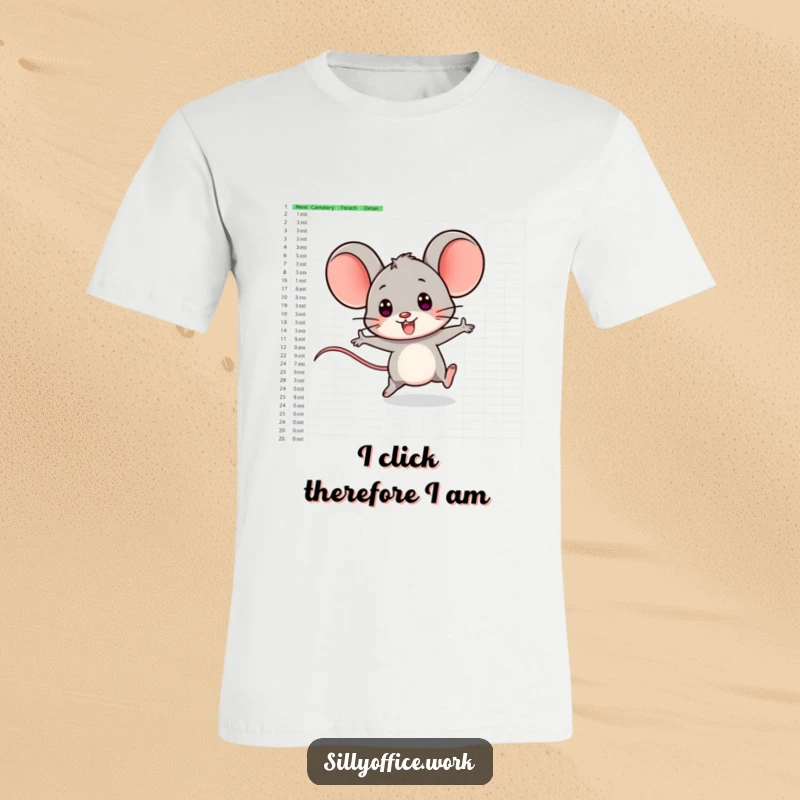 Funny t-shirt featuring a smiling computer mouse character playfully zipping across a vast spreadsheet with speed.