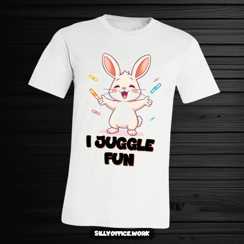 Funny t-shirt: A cheerful bunny is enthusiastically juggling colorful paper clips, embodying playful productivity.
