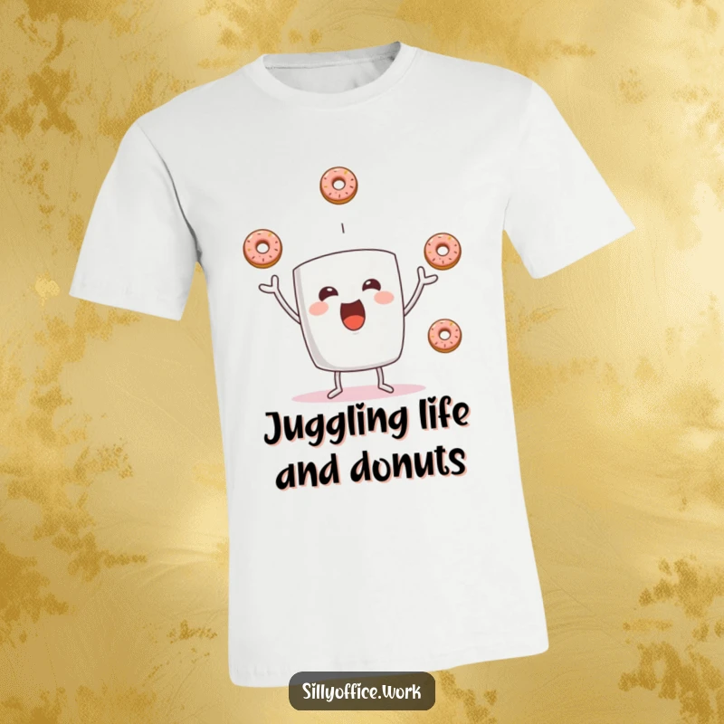 Funny graphic t-shirt showing a happy coffee mug character juggling three tiny, tempting donuts. Expresses a joyful and lighthearted mood.