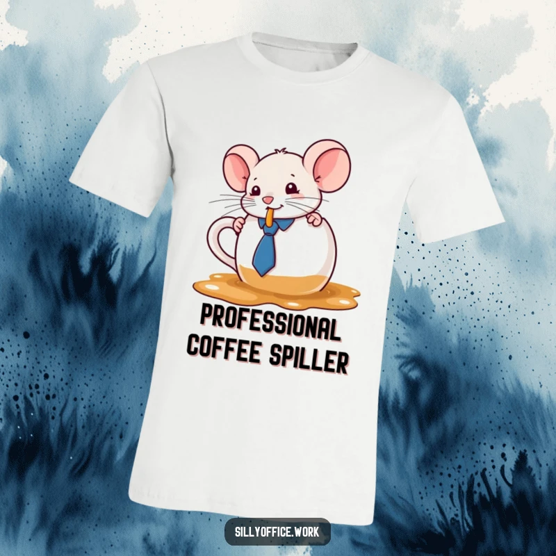 Funny kawaii mouse wearing a tie, spilling coffee from a large mug, on a soft t-shirt, a hilarious and cute design.