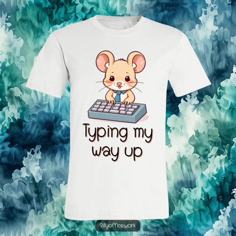 Funny t-shirt: A cute, tie-wearing mouse is intensely focused on typing on a tiny keyboard, embodying productivity.
