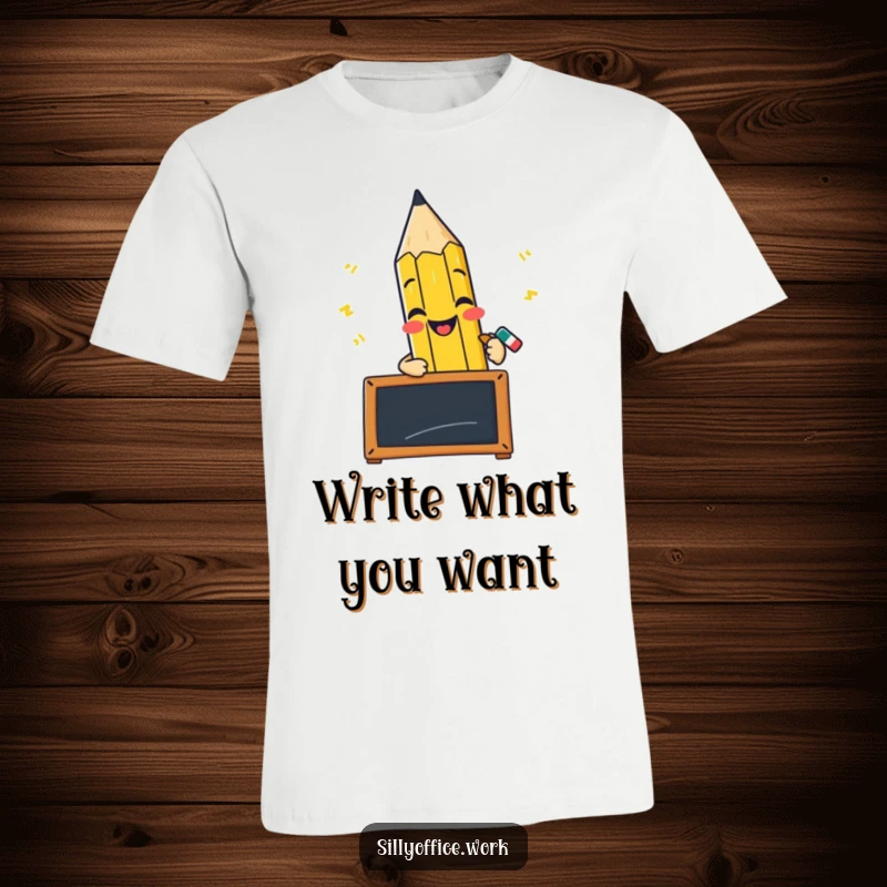 Funny t-shirt featuring a cheerful pencil character scribbling furiously on a tiny blackboard, symbolizing ideas.