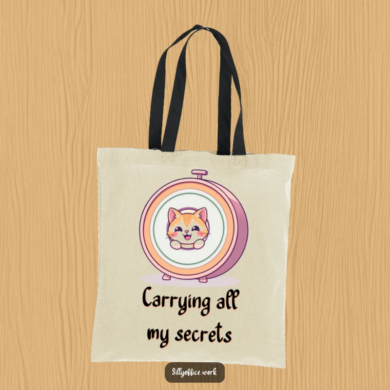 Funny Cat Tote Bag: A happy cat peeks from behind a dynamic, spinning rolodex, ideal for carrying books or groceries with humor.