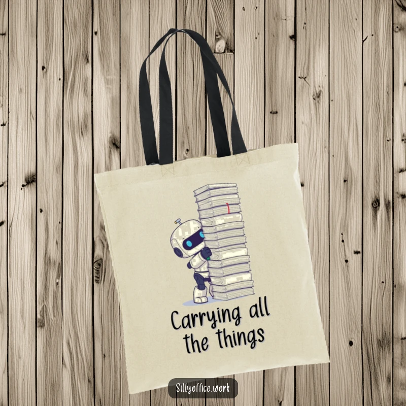 Funny tote bag showing a cute robot diligently stapling an immense stack of papers with cheerful energy.