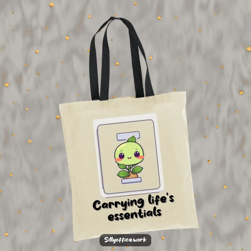Funny tote bag with a curious plant character peeking out of a filing cabinet, great for stylish and humorous transport.