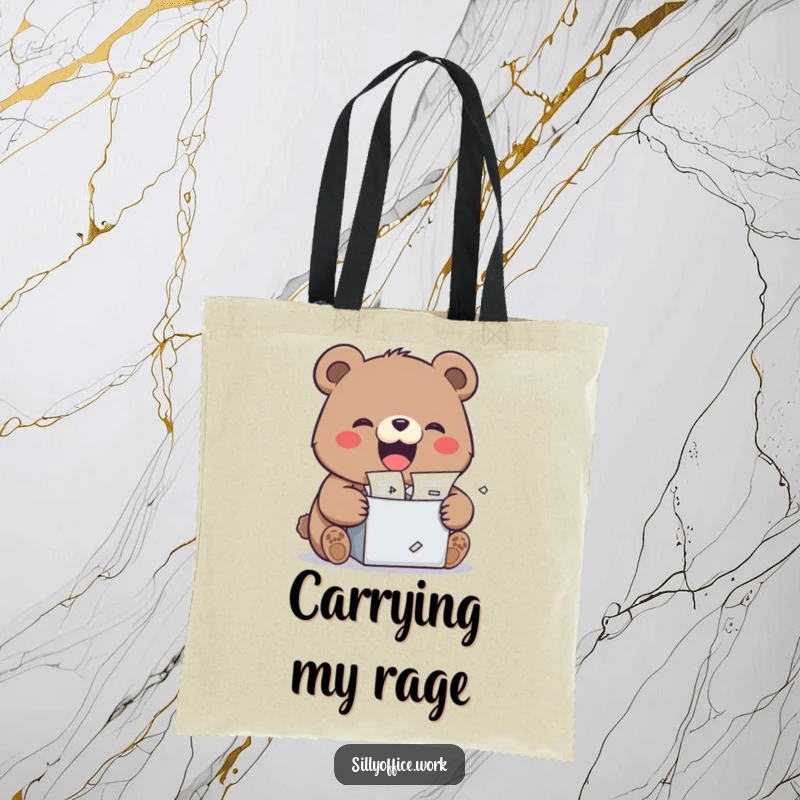 Funny kawaii bear shredding papers with a wide grin, on a durable tote bag, a cute and practical stress relief accessory.