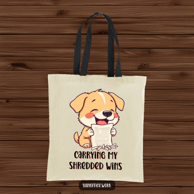 Funny Dog Tote Bag: A small dog gleefully destroys a miniature document, ideal for carrying everyday items with humor.