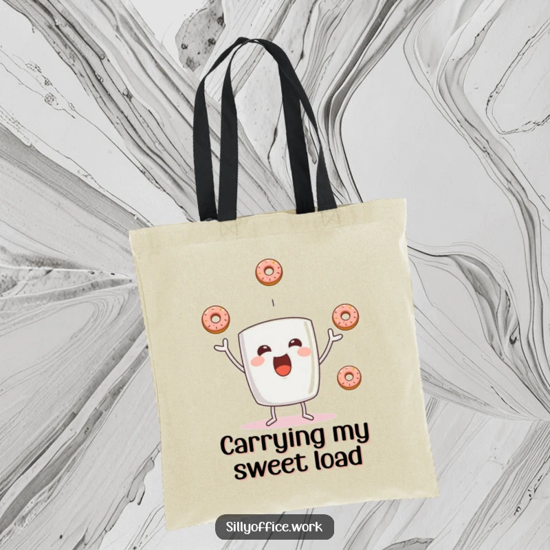 Funny tote bag with a cheerful coffee mug character juggling three delicious donuts, practical and humorously designed for daily use.