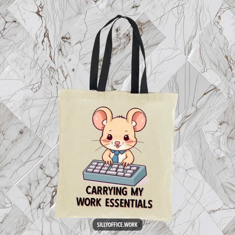 Funny tote bag: A cute mouse wearing a tiny tie is diligently typing on a miniature keyboard, looking very professional.