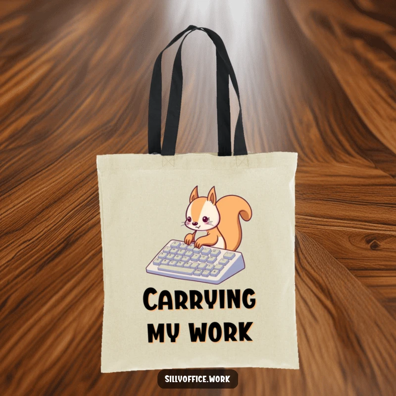 Funny kawaii squirrel typing on a huge keyboard, on a durable tote bag, a cute and practical tech accesssory.
