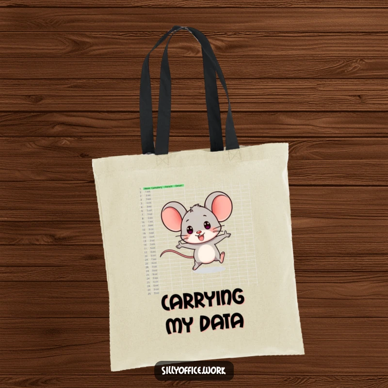 Funny tote bag featuring a smiling computer mouse character playfully zipping across a large spreadsheet, showcasing digital speed.