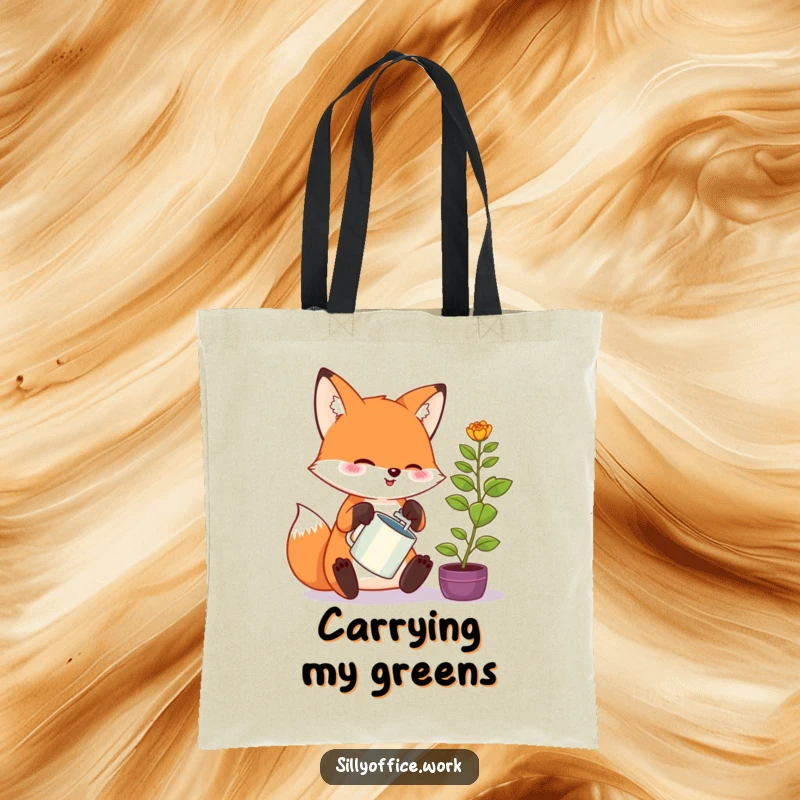 Funny kawaii fox tote bag, enthusiastically watering a tiny office plant, a cute and practical accessory for daily use.
