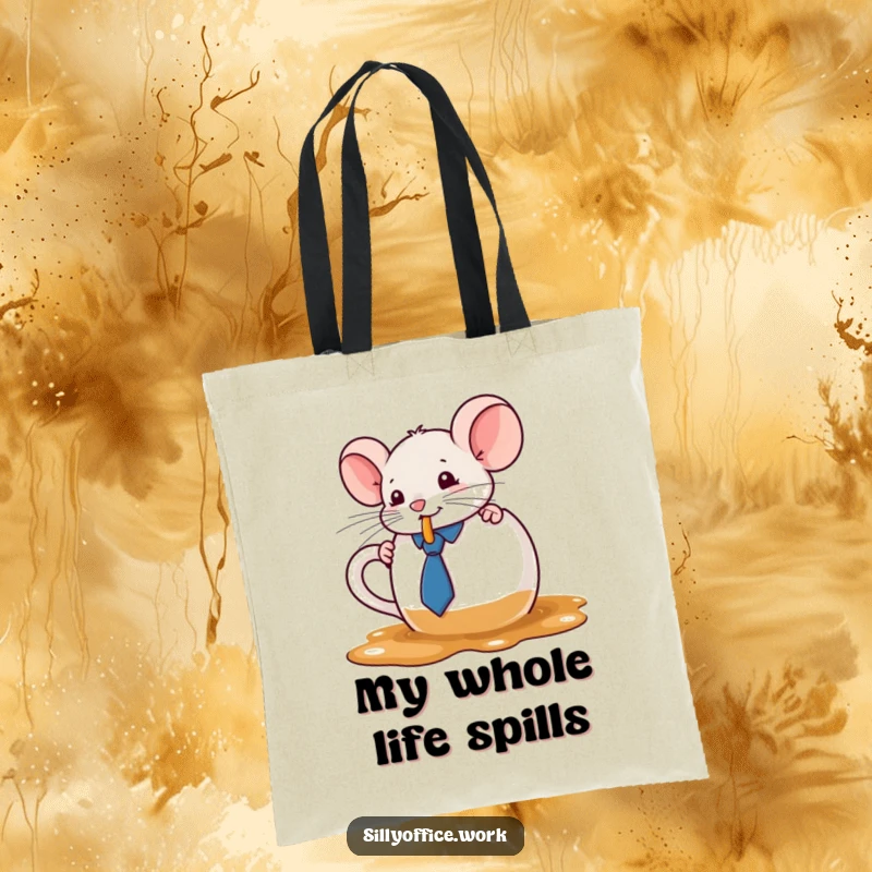 Funny kawaii mouse with a tie, spilling coffee from an oversized mug, on a durable tote bag, a cute and practical choice.