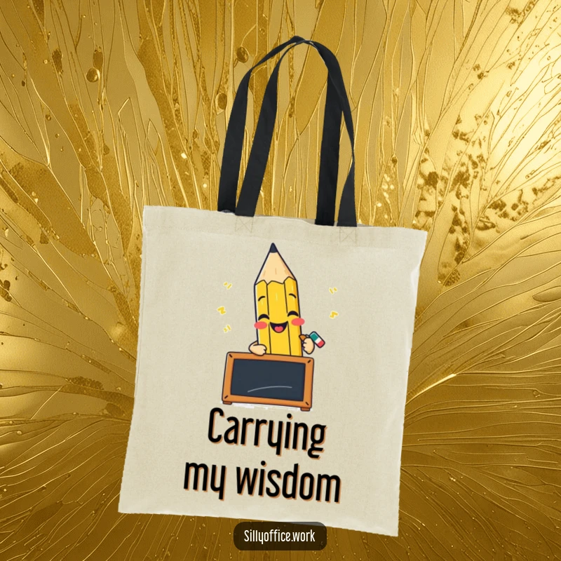 Funny tote bag featuring a cheerful pencil character scribbling furiously on a tiny blackboard, representing ideas.